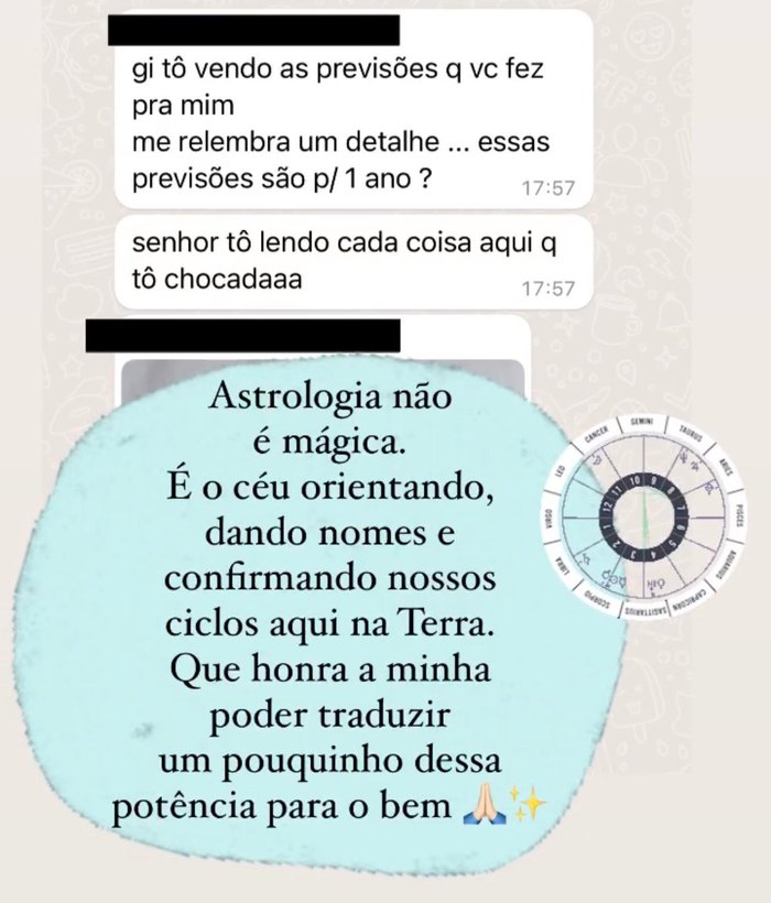 Print de conversa de WhatsApp em que uma cliente conta que está lendo as previsões do seu ano e ficou impressionada com a precisão da leitura
